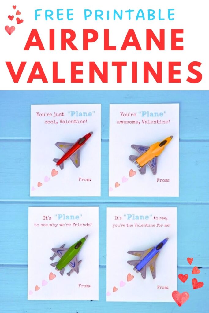 four airplane valentines with a toy airplane on each one