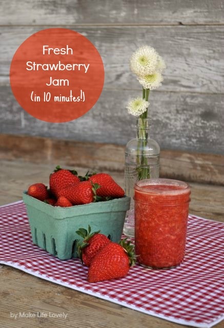 easy strawberry jam in mason jar next to fresh strawberries