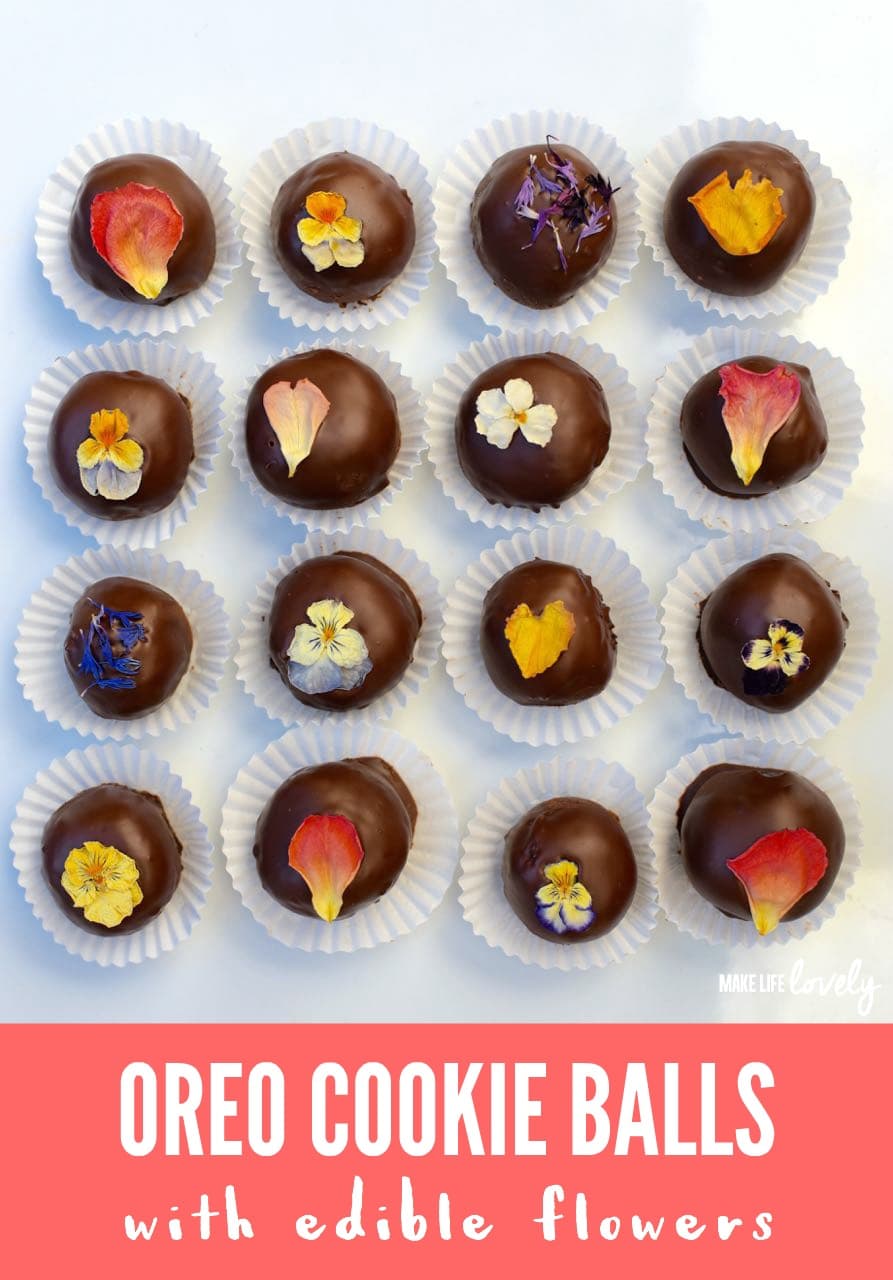 OREO cookie balls with real edible flowers! Get the recipe for this beautiful dessert- it's easy to make!