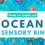 kids hand in blue ocean sensory bin with ocean animals