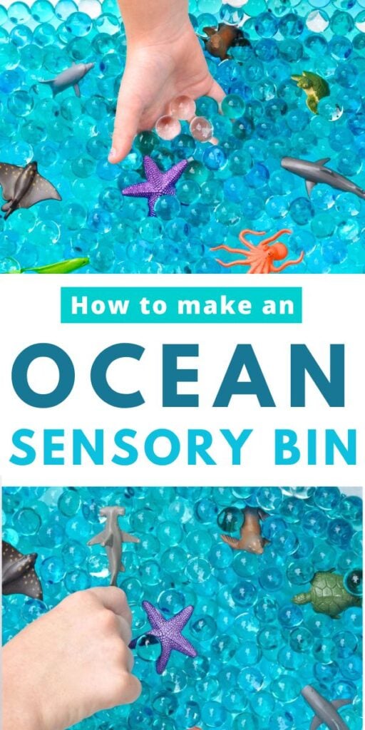 kids hand in blue ocean sensory bin with ocean animals 