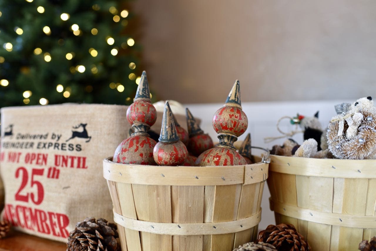 Rustic tree trimming party with wood pails filled with ornaments Make Life Lovely