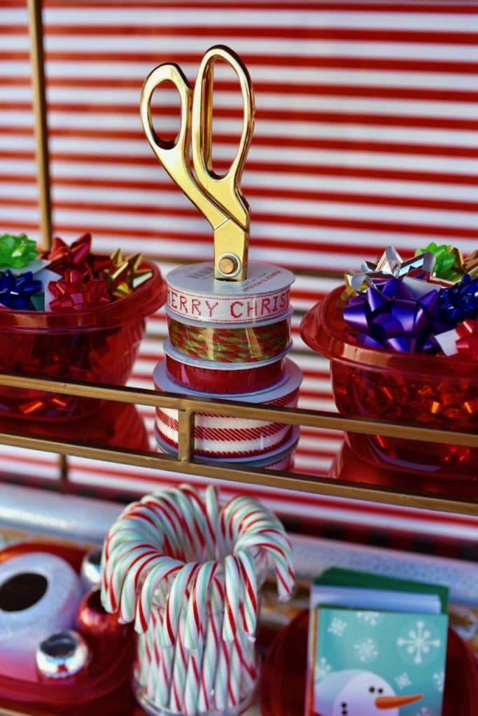 Wrapping station bar cart at the cookie exchange party for Christmas