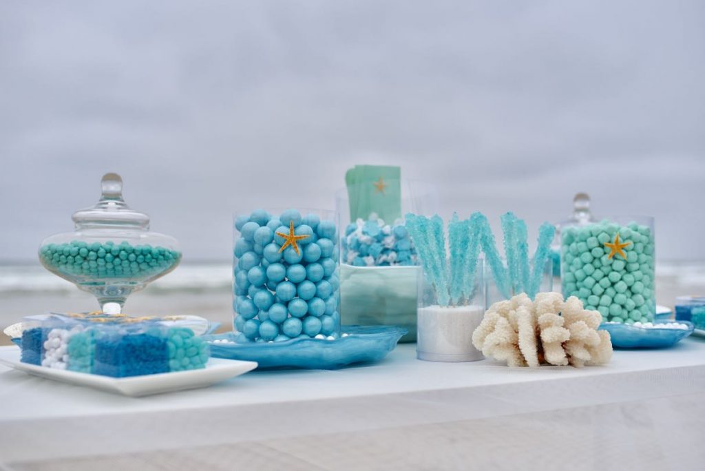 Ocean themed blue candy buffet at beach