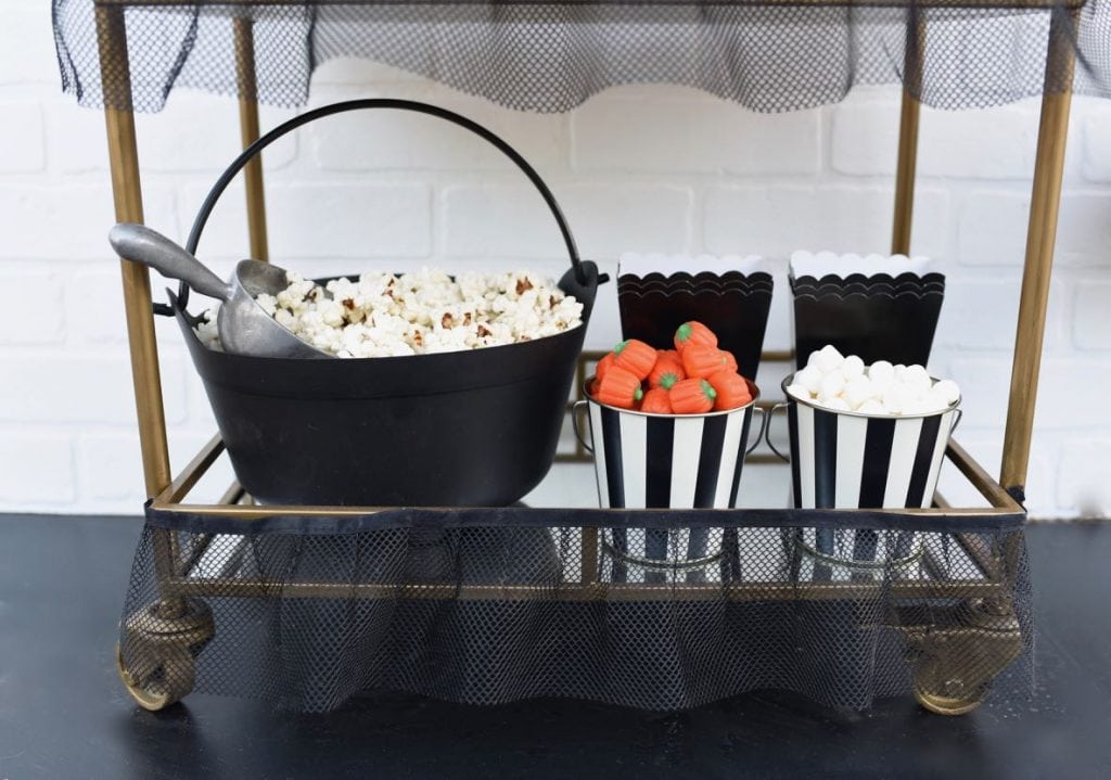 Halloween candy popcorn cart at Halloween movie night