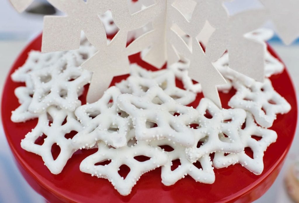Snowflake chocolate covered pretzels at Rudolph the Red-Nosed Reindeer party