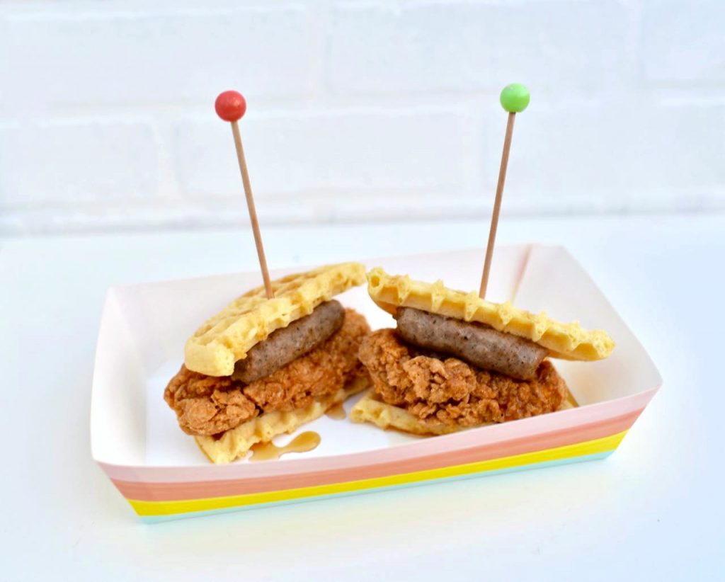 Chicken and sausage waffle sandwich