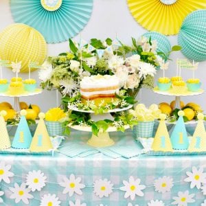Outdoor garden yellow birthday party for girls' first birthday using Martha Stewart Meyer Lemon Celebrations and Cricut Explore