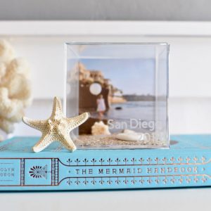 DIY vacation memory cube tutorial. Preserve those memories with a clear memory box! Just add photos and mementos from vacation to a clear acrylic box, then add the date and destination onto the front with etch vinyl!