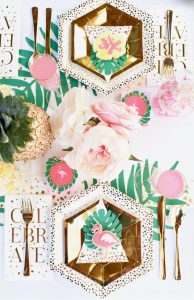 Tropical baby shower tablescape with Cricut and Martha Stewart Celebrations gold line from Michaels