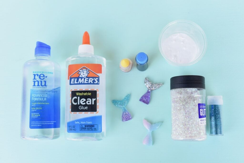 Mermaid slime supplies contact lens solution, clear glue, mermaid tails, glitter