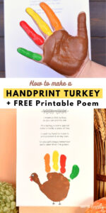 hand with paint and turkey handprint on paper