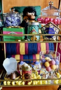 Harry Potter candy on gold rolling cart