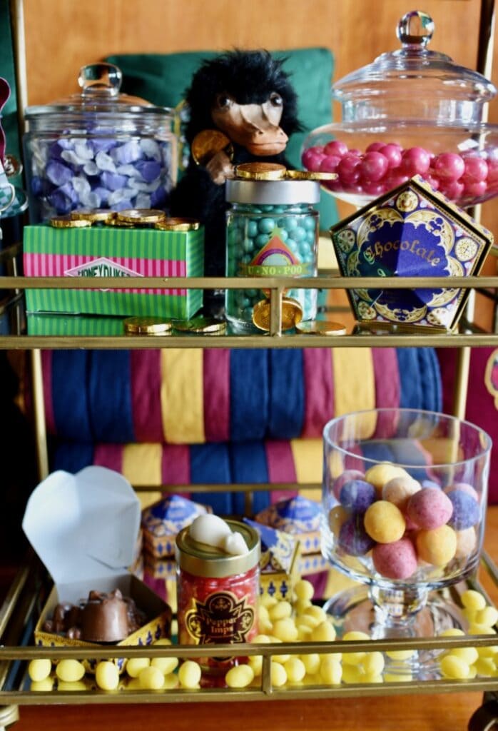 Harry Potter candy on gold rolling cart