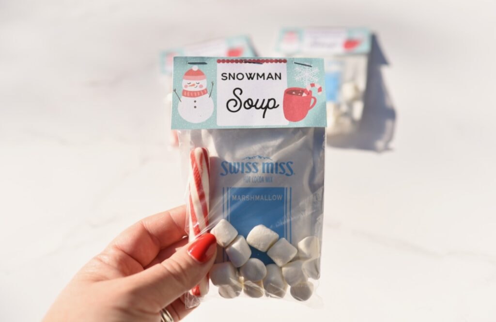 snowman soup label on clear bag with hot cocoa packet inside