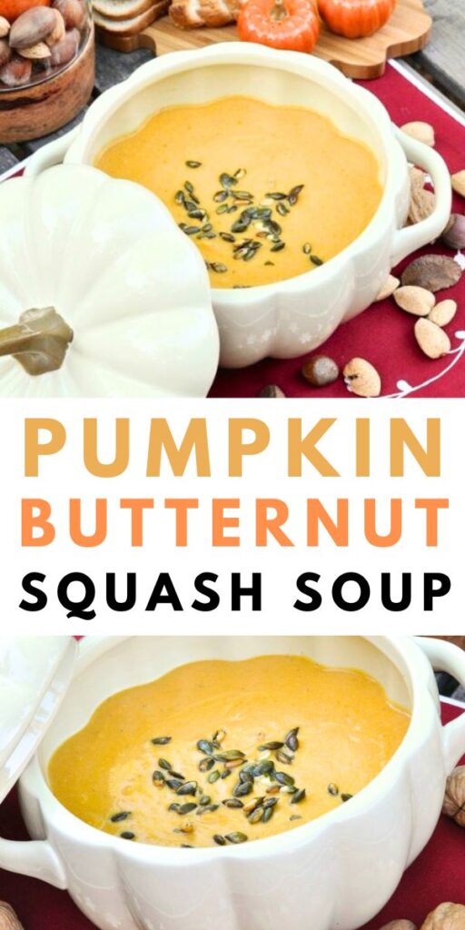 pumpkin butternut squash soup in pumpkin bowl on table