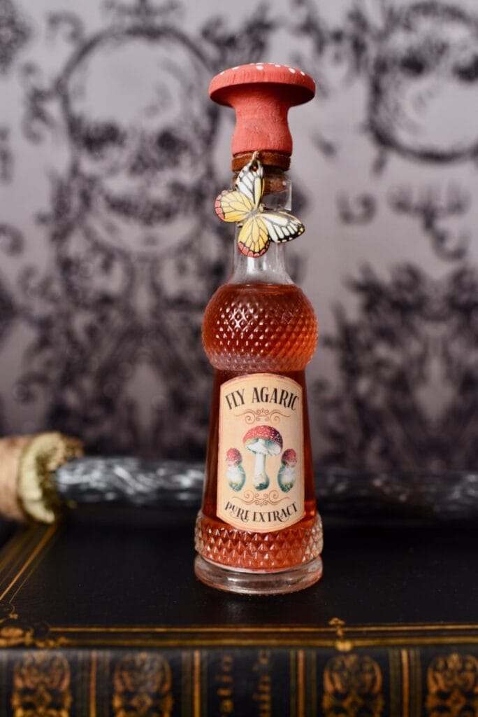 Fly agaric extract red potion in glass bottle with butterfly charm