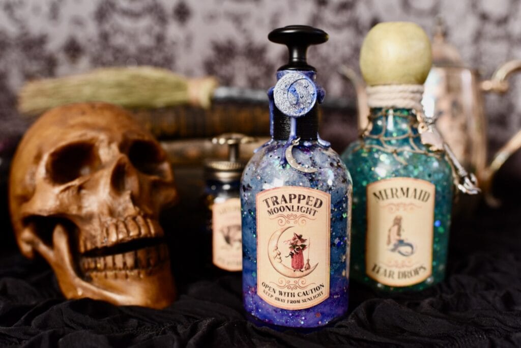 DIY potion bottles next to skull