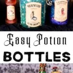 six potion bottles for Halloween next to skull