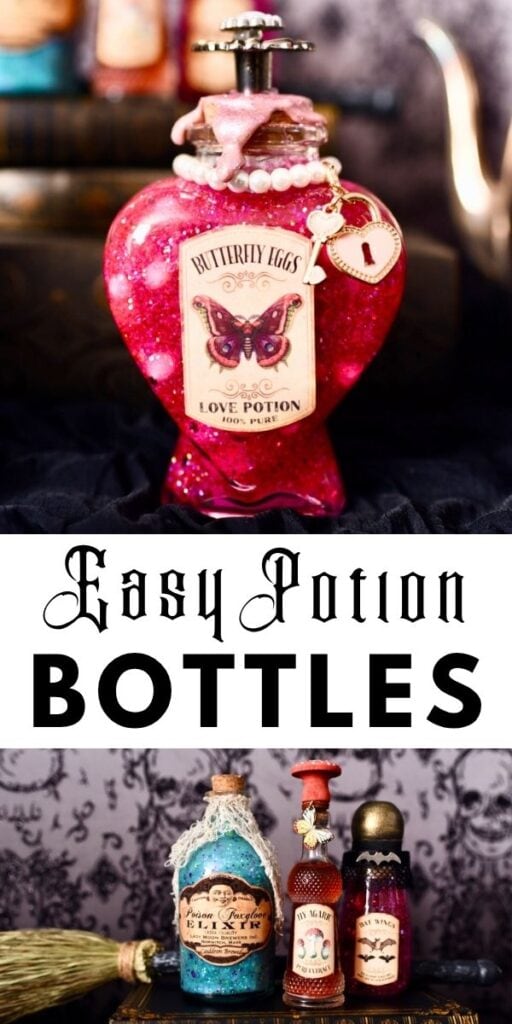 pink love potion bottle shaped like a heart