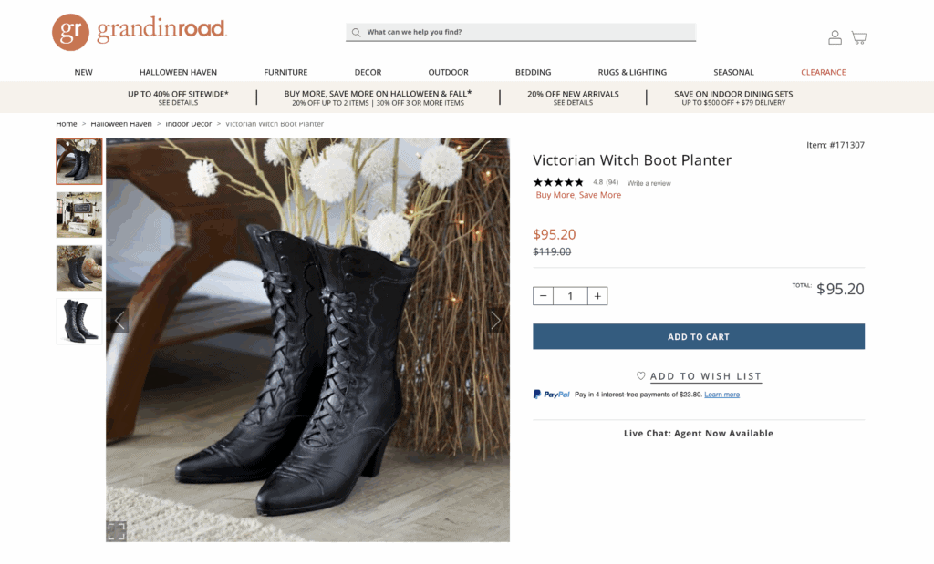Grandin Road Victorian witch boot planter website page