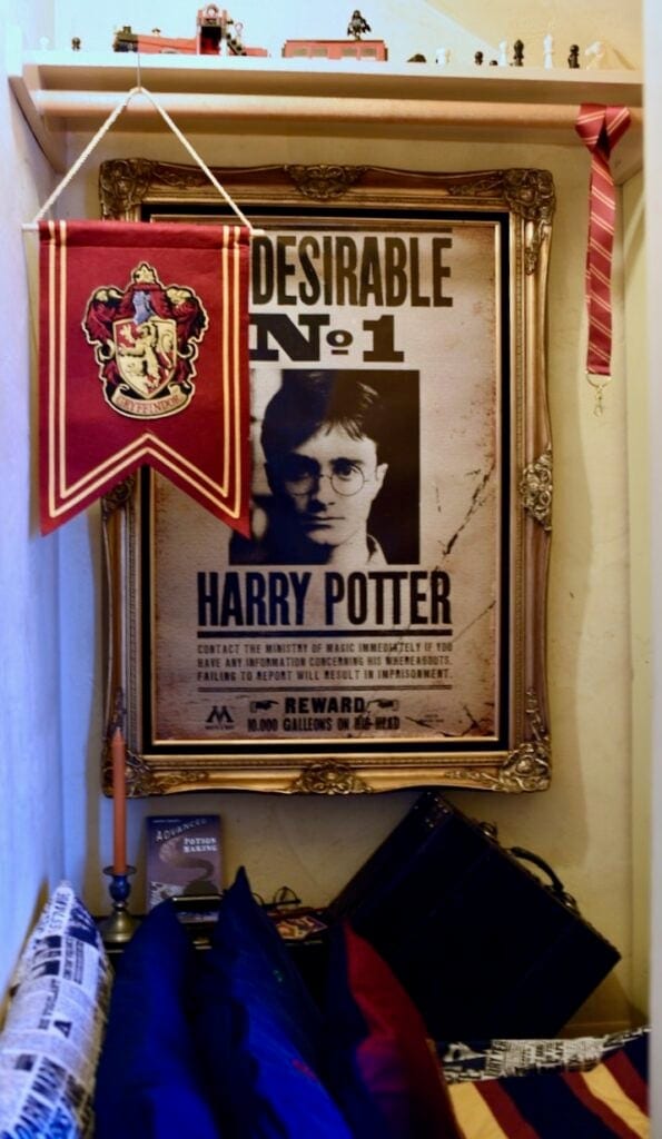 Harry Potter poster in cupboard with red banner