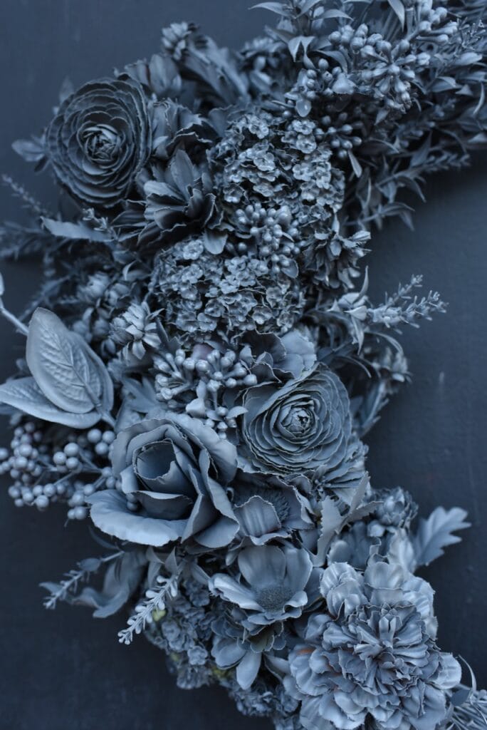 gray flowers on floral moon Halloween wreath