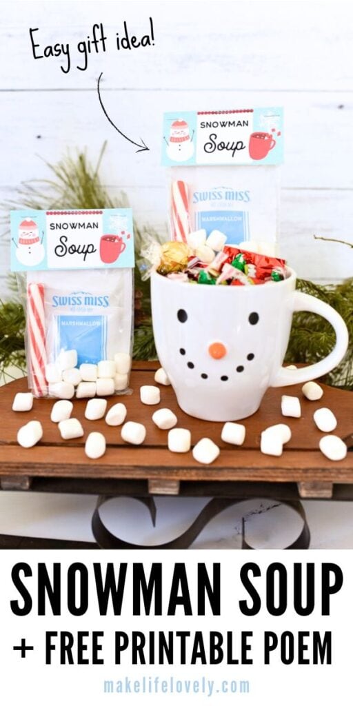 snowman soup with label inside snowman mug with marshmallows