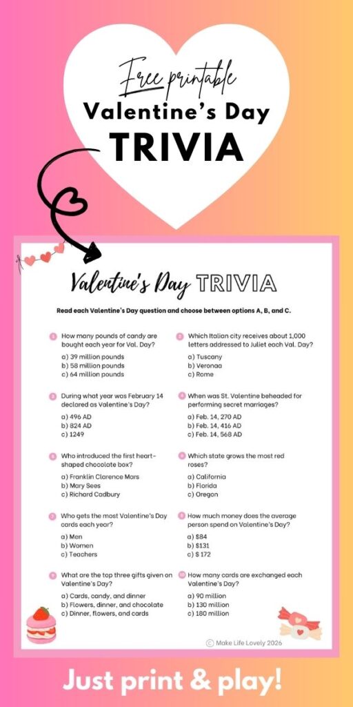 free printable Valentine's Day quiz with questions about Valentine's Day on it