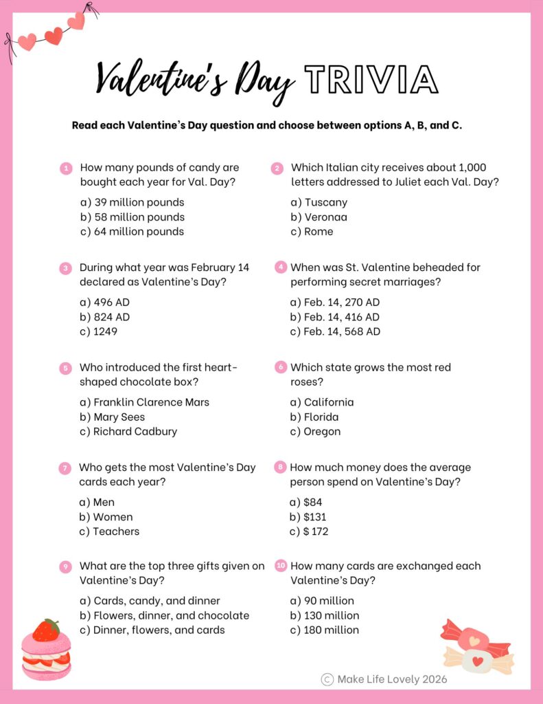 valentine trivia printable with 10 questions and answers