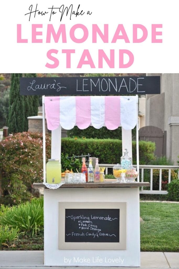 wooden lemonade stand with a pink and white awning